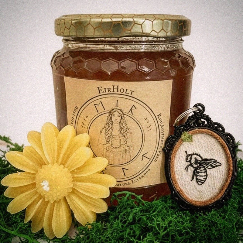 Eirholt honey, flower beeswax candle and bee embroidered pendant
