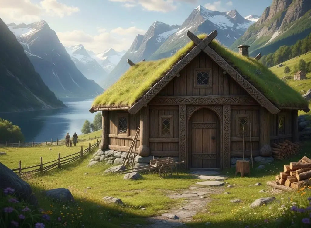 Viking age landscape with a longhouse and fjords