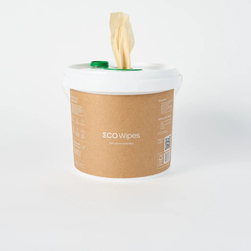 Kraft paper container with white lid featuring ECO Wipes branding on a white background