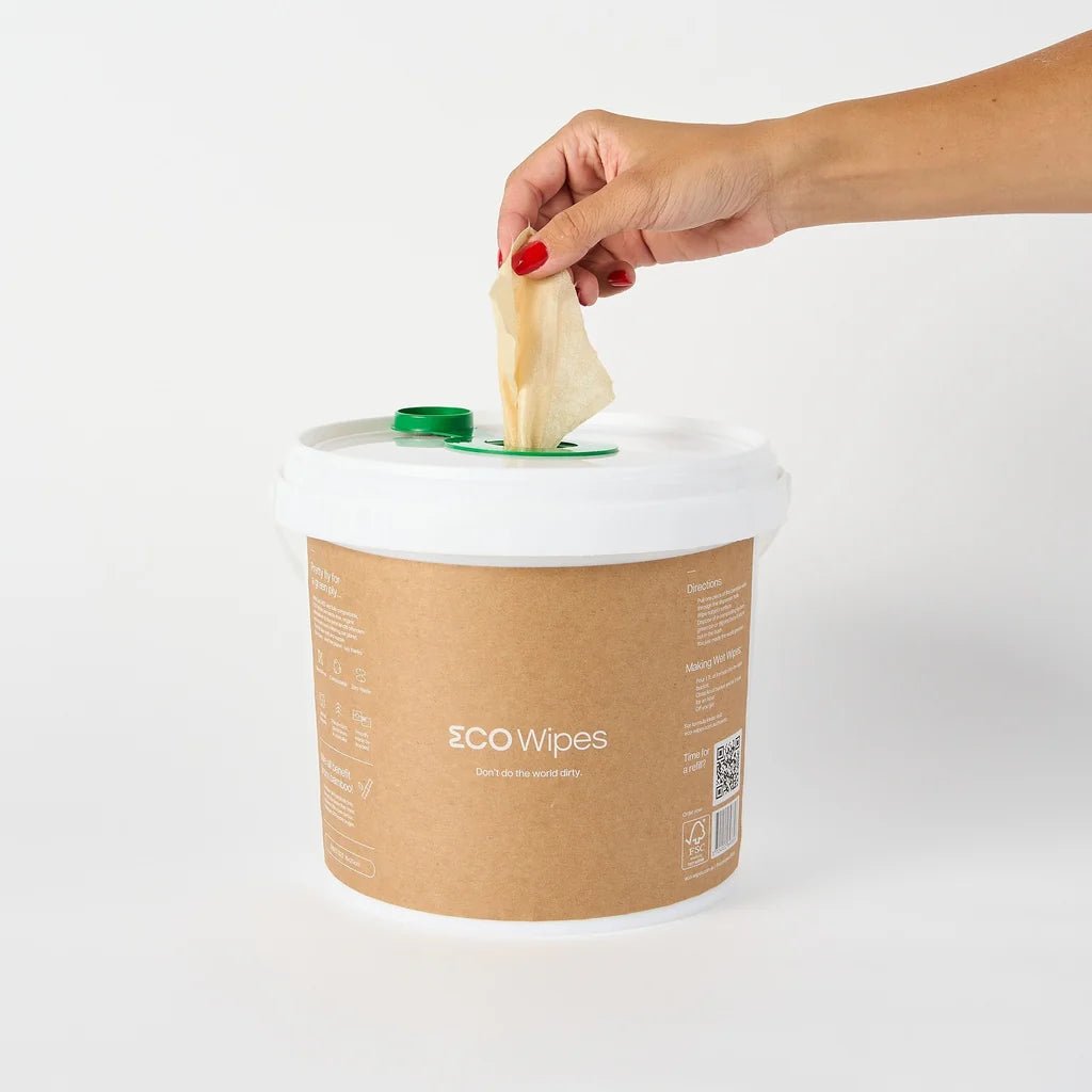 Hand taking an eco-wipe from a container labeled 'ecoWipes' on a white background