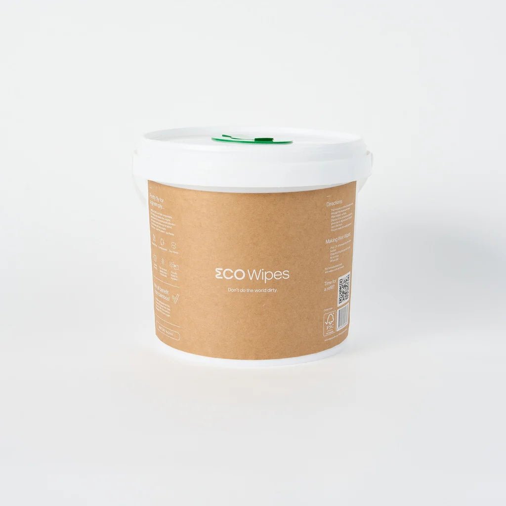 Container of eco wipes on a white background