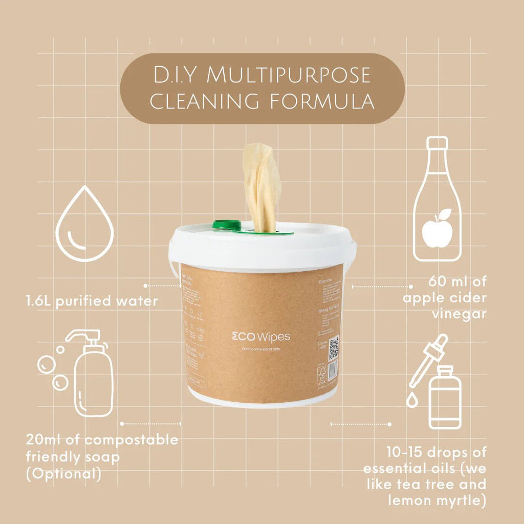 DIY multipurpose cleaning formula with ingredients and ecoWipes branding on a beige background