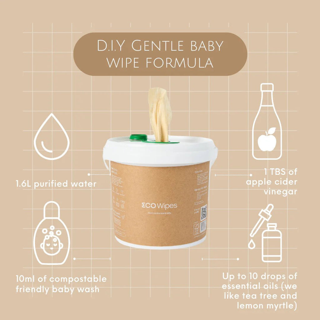 DIY gentle baby wipe formula with ingredients and Ecowipes branding on a beige background