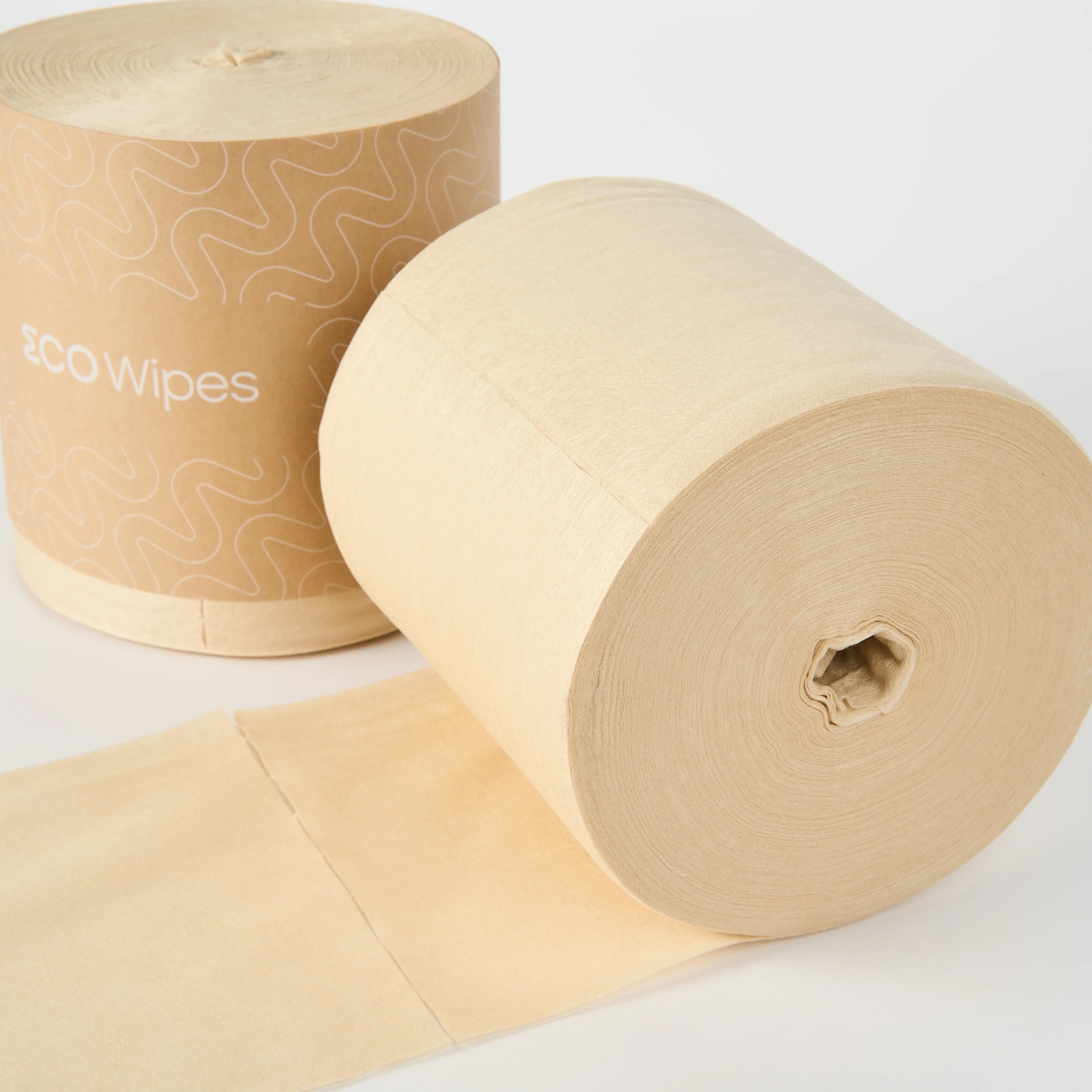 Two rolls of beige paper with one partially unrolled on a white background, featuring the brand 'ecoWipes'.