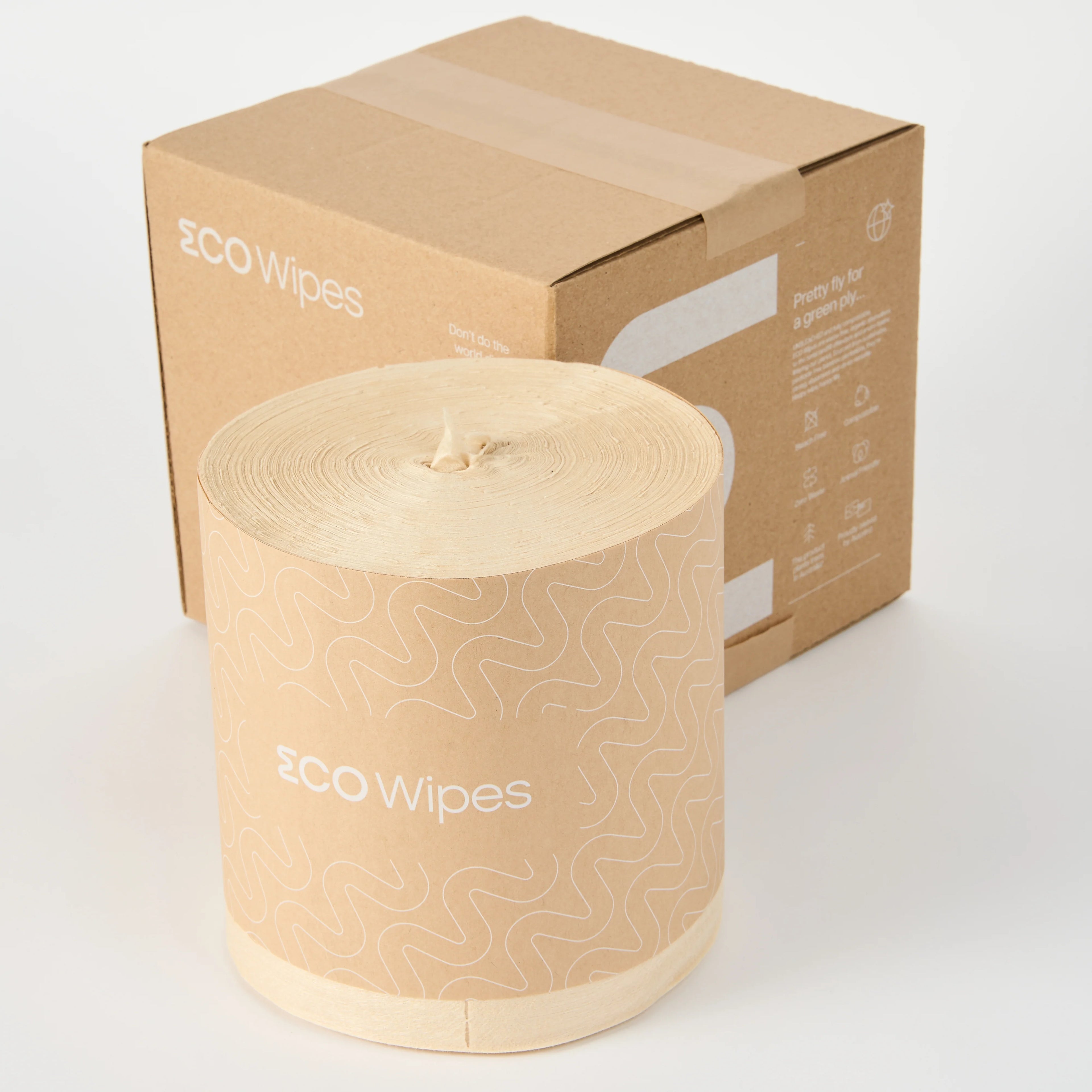 Roll of eco wipes with cardboard packaging on a white background