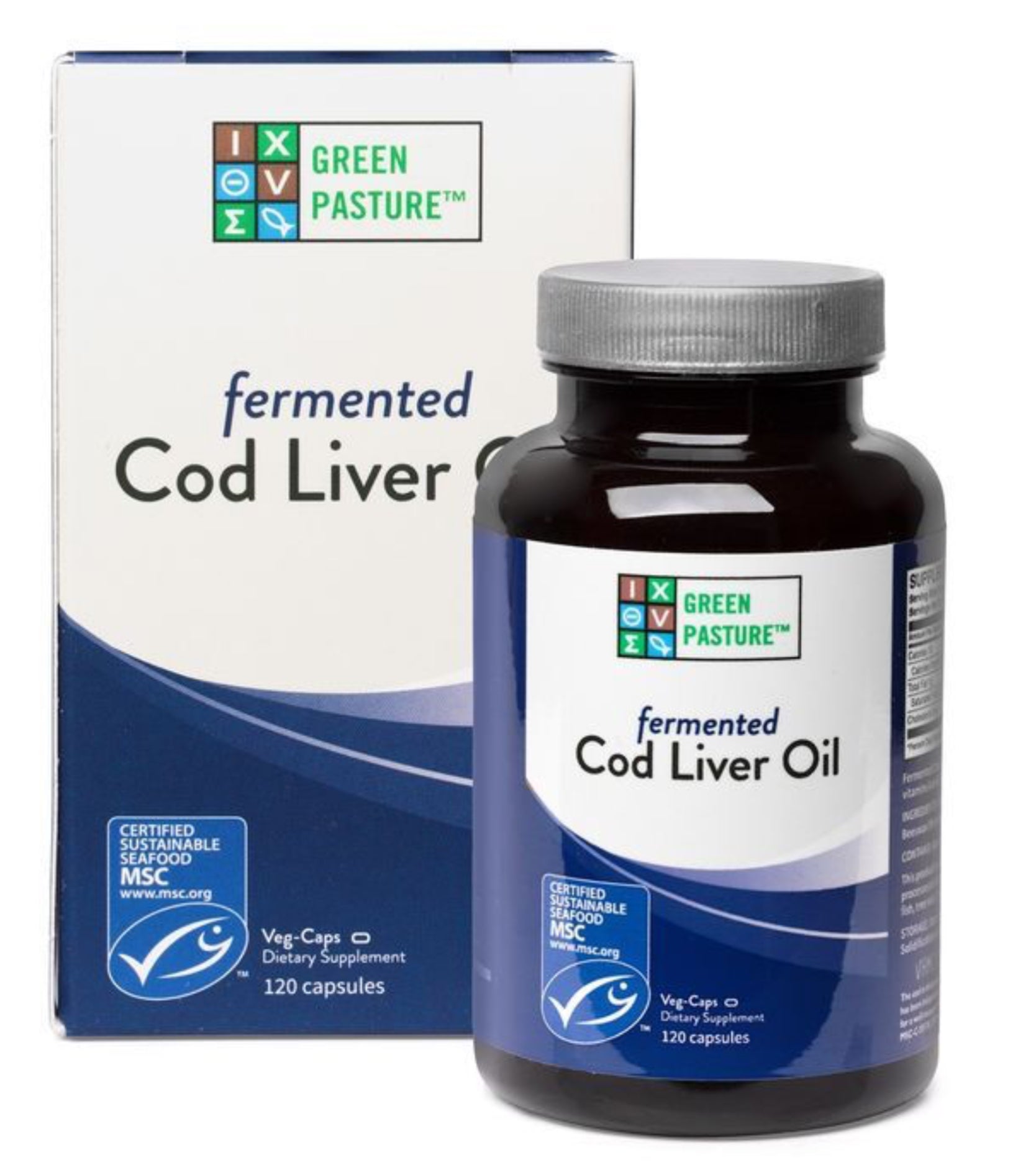 Green Pasture fermented cod liver oil supplement bottle and packaging on a white background