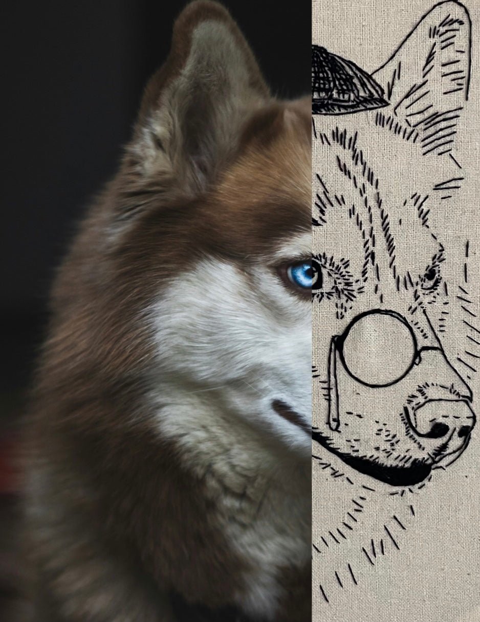 Realistic wolf close-up on the left and a stylized wolf embroidery on the right.