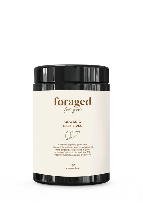 Container of 'foraged for you' organic beef liver capsules on a green background
