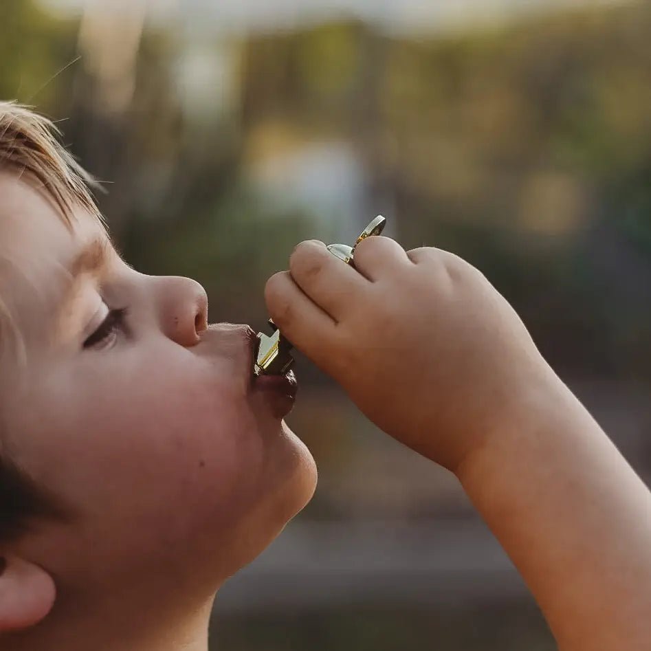 Child holding a whistle close to their mouth outdoors