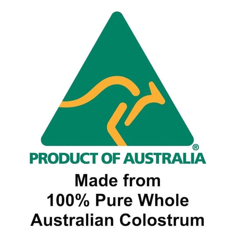 Logo with green triangle and kangaroo illustration, text 'Product of Australia' and 'Made from 100% Pure Whole Australian Colostrum'.