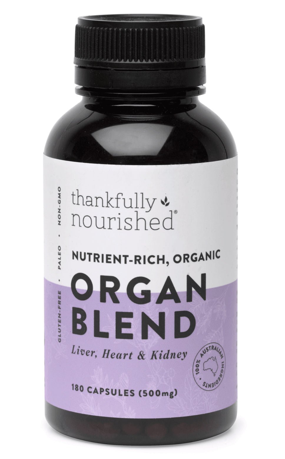 Bottle of 'thankfully nourished' Organ Blend capsules on a white background
