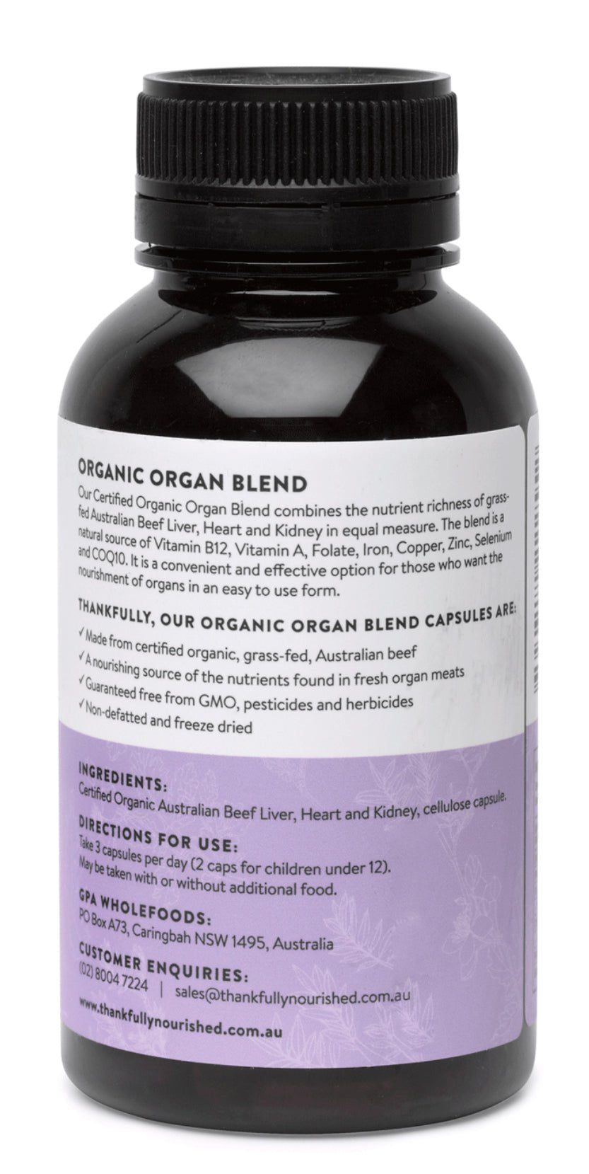 Black bottle of Organic Organ Blend with a purple label on a white background